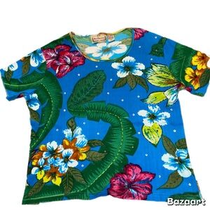 New Directions Women’s Turquoise Tropical Beaded Sequins 100% Cotton Size Large